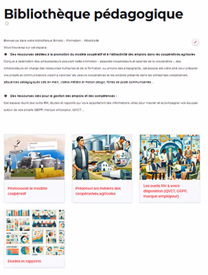 Vue d’ensemble de la bibliothèque pédagogique en ligne proposant des ressources emploi et formation pour les coopératives agricoles.