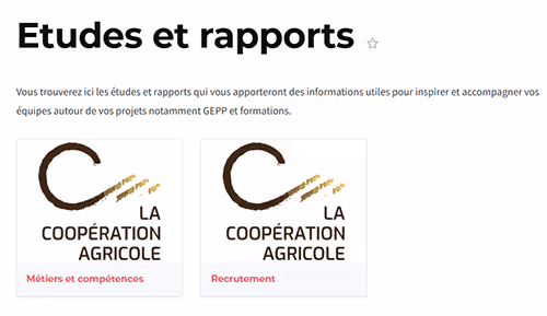 Aperçu de la page dédiée aux études et rapports sur les métiers, compétences et recrutement dans les coopératives agricoles.