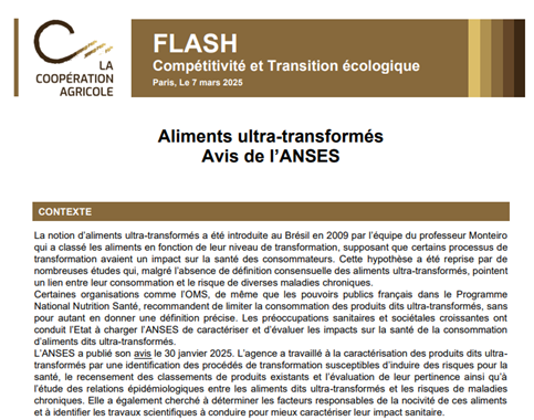 Flash d'information de La Coopération Agricole sur les aliments ultra-transformés et l’avis de l’ANSES, daté du 7 mars 2025.