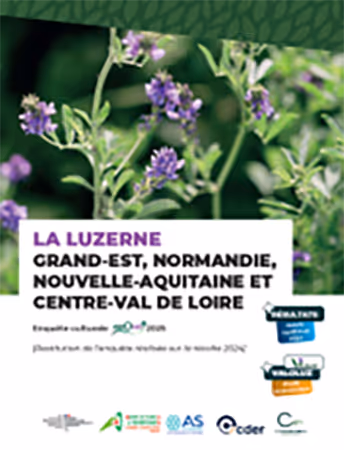 Affiche de l’enquête culturale sur la luzerne dans les régions Grand-Est, Normandie, Nouvelle-Aquitaine et Centre-Val de Loire, avec visuel de fleurs de luzerne en arrière-plan.