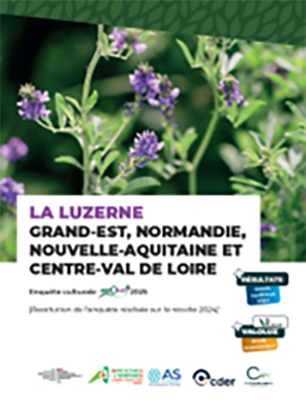 Affiche de l’enquête culturale sur la luzerne dans les régions Grand-Est, Normandie, Nouvelle-Aquitaine et Centre-Val de Loire, avec visuel de fleurs de luzerne en arrière-plan.