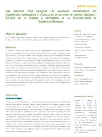 Article d’opinion scientifique sur les bénéfices agronomiques de la luzerne en système céréalier, avec focus sur la désydratation en Champagne Ardennes.