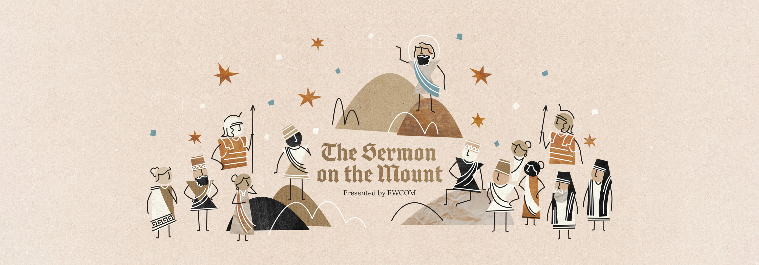 Artwork for the sermon on the mount online class showing an illustration of Jesus preaching to a group of people on a mountain.