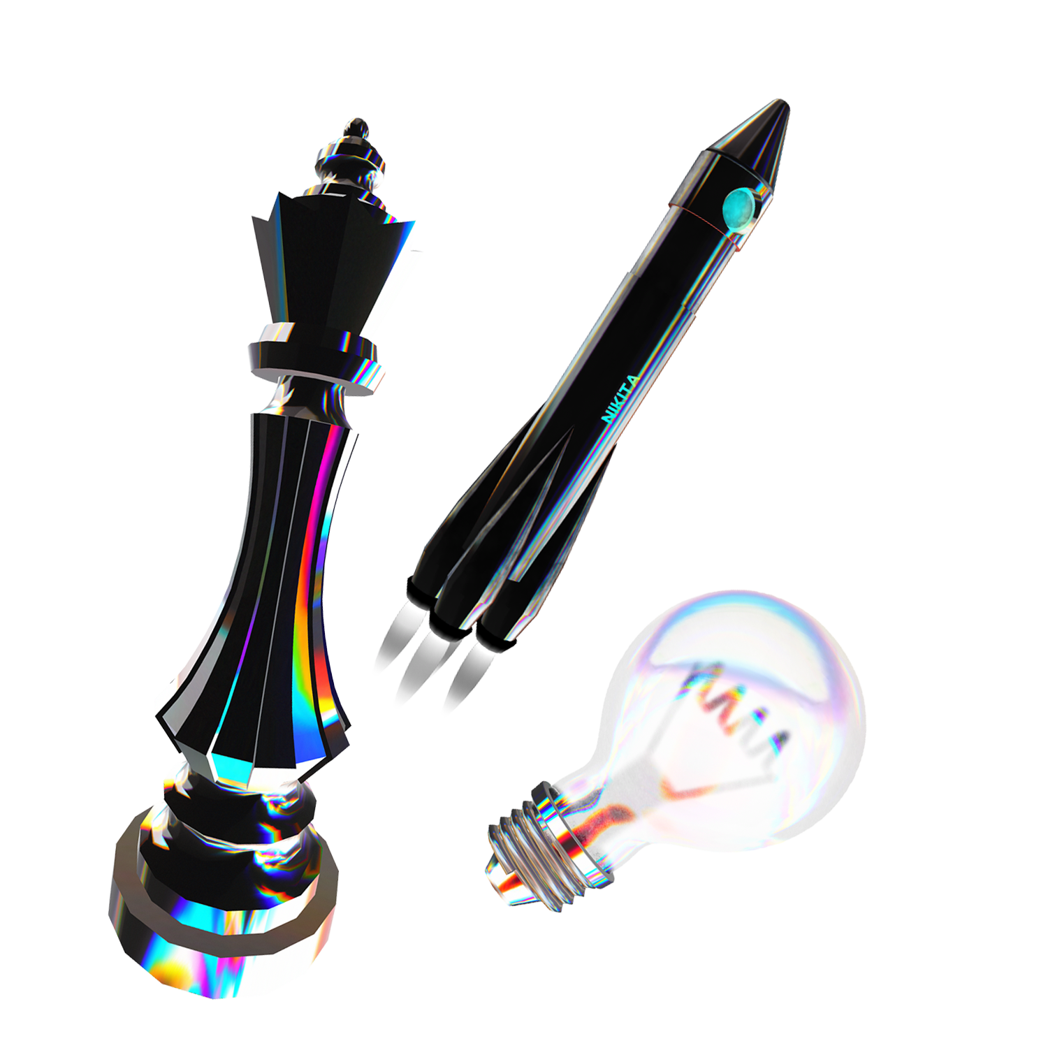Schwarze Schachkönigsfigur, Rakete und Glühbirne mit Regenbogenspiegelungen.