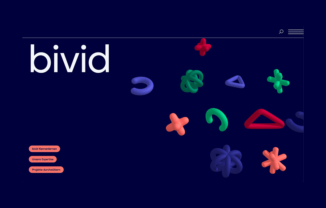 Website-Startseite mit dem Text „bivid“ links und mehreren farbigen 3D-Formen auf dunklem Hintergrund.
