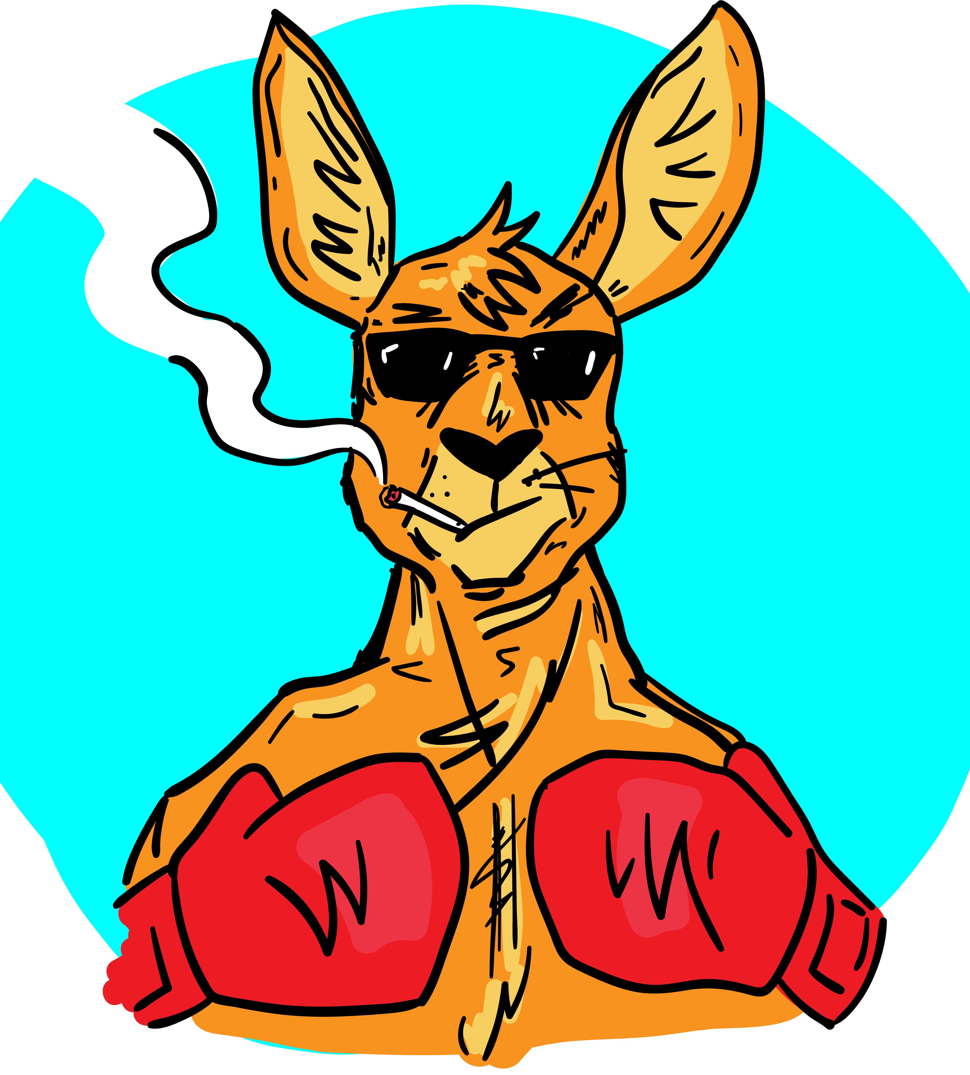 Karikatur eines coolen Kängurus mit Sonnenbrille, das rote Boxhandschuhe trägt und eine brennende Zigarette raucht.