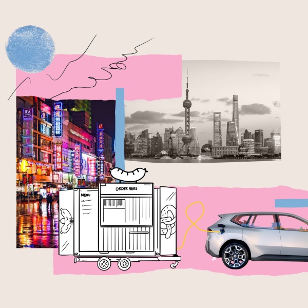 Collage mit einer leuchtenden Straßenszene bei Nacht, einer schwarz-weißen Skyline von Shanghai, einer handgezeichneten Essensbude und einem silbernen Elektroauto.