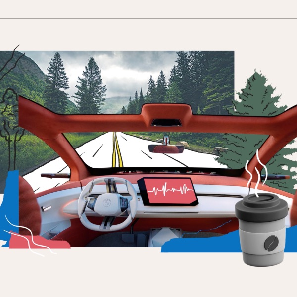 Innenansicht eines futuristischen Autos mit weißem Lenkrad, zentralem Display mit Herzlinienanzeige, durch die Windschutzscheibe Blick auf eine Landstraße und grünen Wald, daneben grafische Illustrationen und eine dampfende Kaffeetasse.