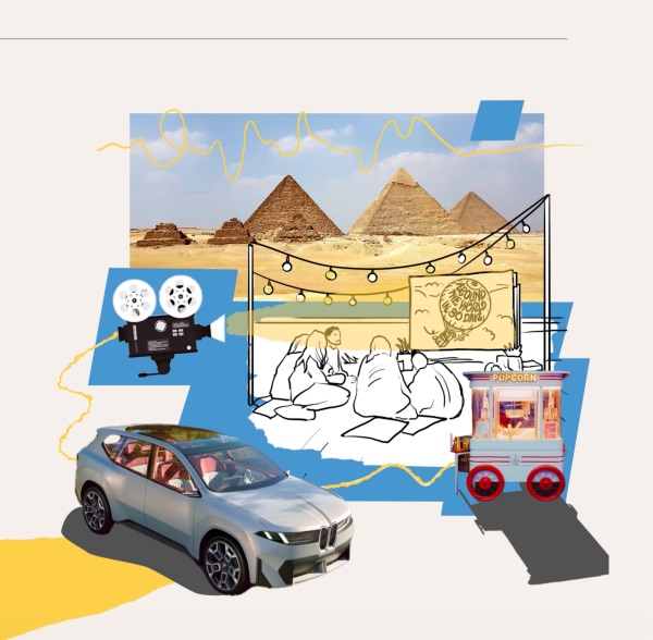 Collage mit den Pyramiden von Gizeh, einem Auto, einem Popcornwagen, einer Filmkamera und einer Skizze von Menschen, die draußen einen Film unter Lichterketten sehen.