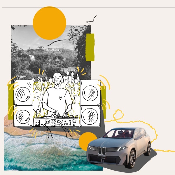 Collage mit einem gezeichneten DJ vor der Hollywood-Schrift, Meereswellen unten und einem grauen BMW SUV rechts.