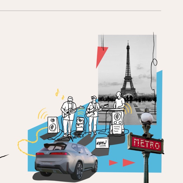 Illustration mit einer Straßenband-Szene vor dem Eiffelturm, einem Elektroauto und einem Metro-Schild in Paris.