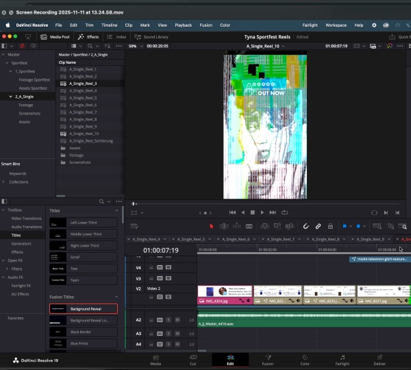 Benutzeroberfläche von DaVinci Resolve mit geöffnetem Projekt 'Tyna Sportfest Reels' und Video-Editing-Timeline mit mehreren Videospuren und Audiospur.