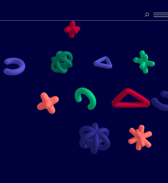 Bunte, abstrakte 3D-Formen in Grün, Rot, Blau und Orange auf dunklem Hintergrund verteilt.