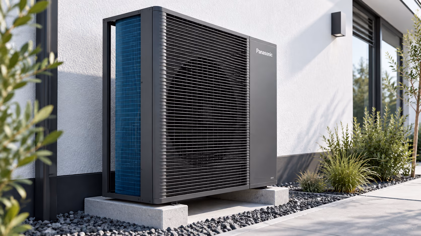 Panasonic Wärmepumpe neben einer Hausfassade – Beispielabbildung