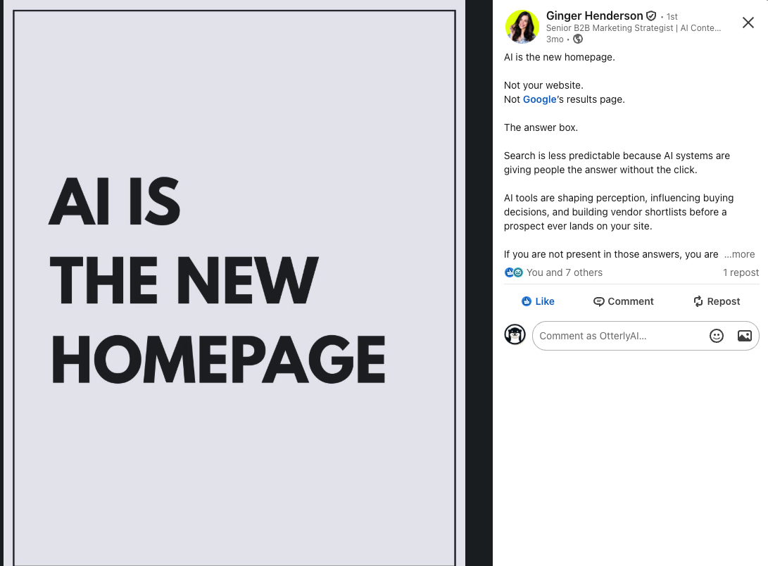 AI is the new homepage - Ginger Henderson LinkedIn post