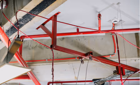 Red fire sprinkler pipes and fittings mounted on a white ceiling with a smoke detector.