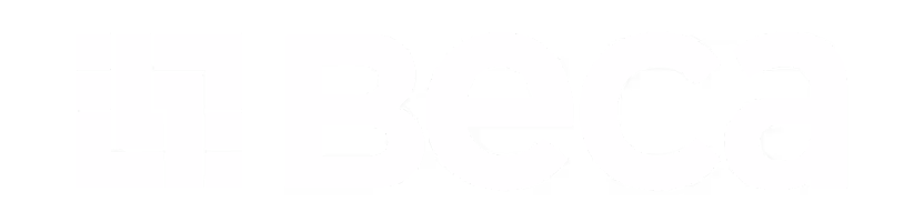White Beca logo with stylized geometric symbol on transparent background.