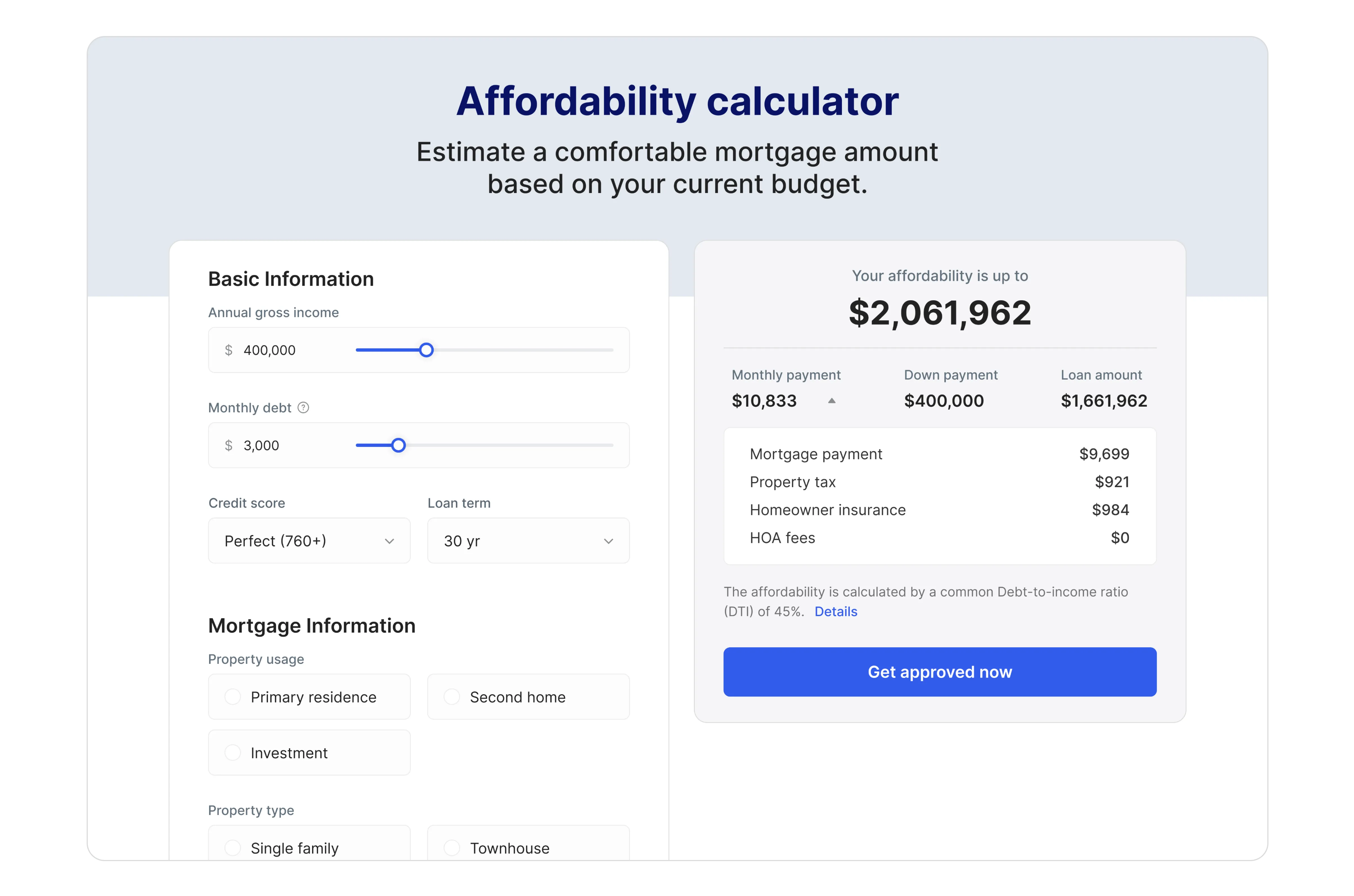 Mortgage affordability calculator with income and payment info.