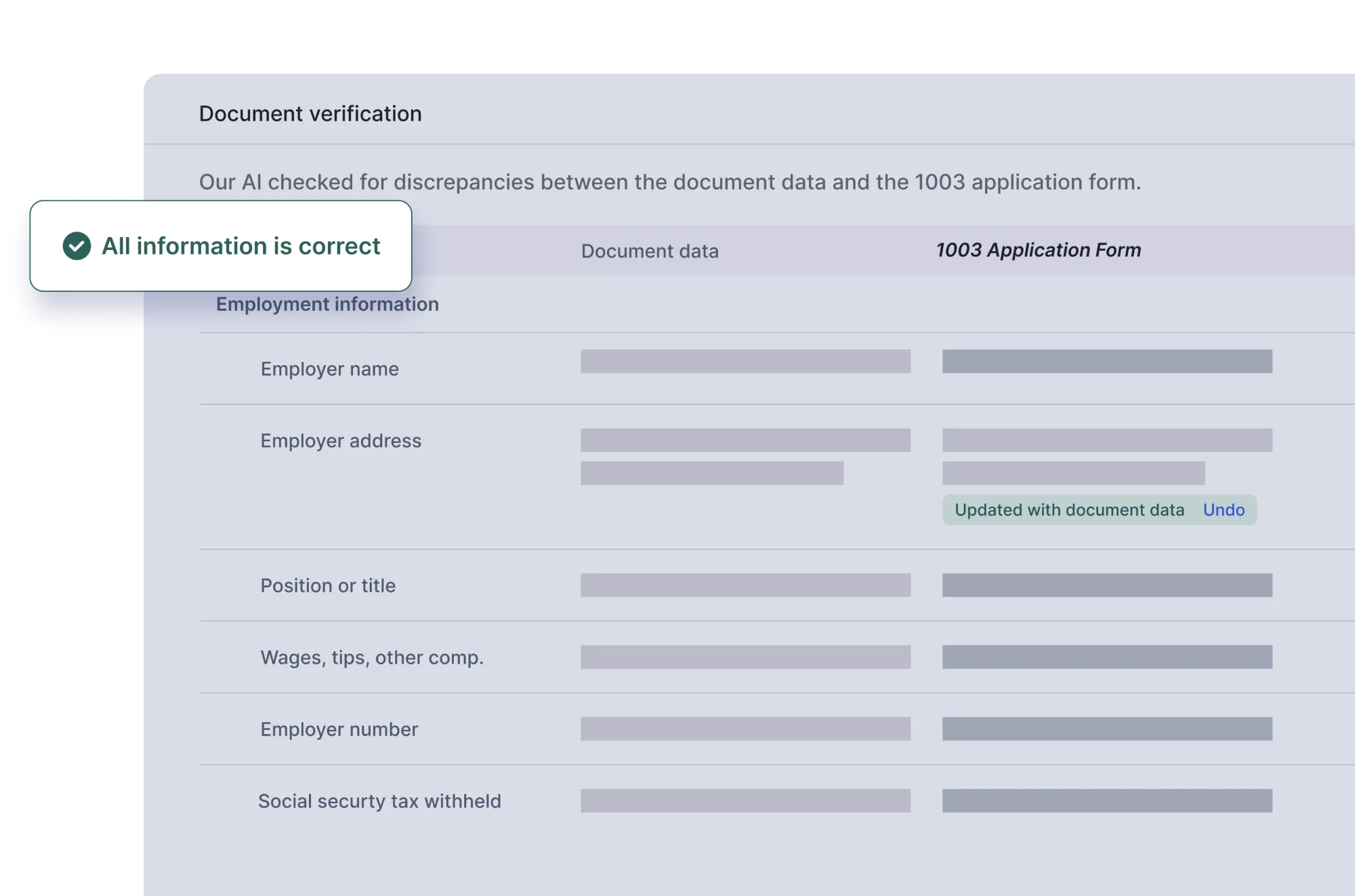 Document review screen with borrower data and extracted fields.