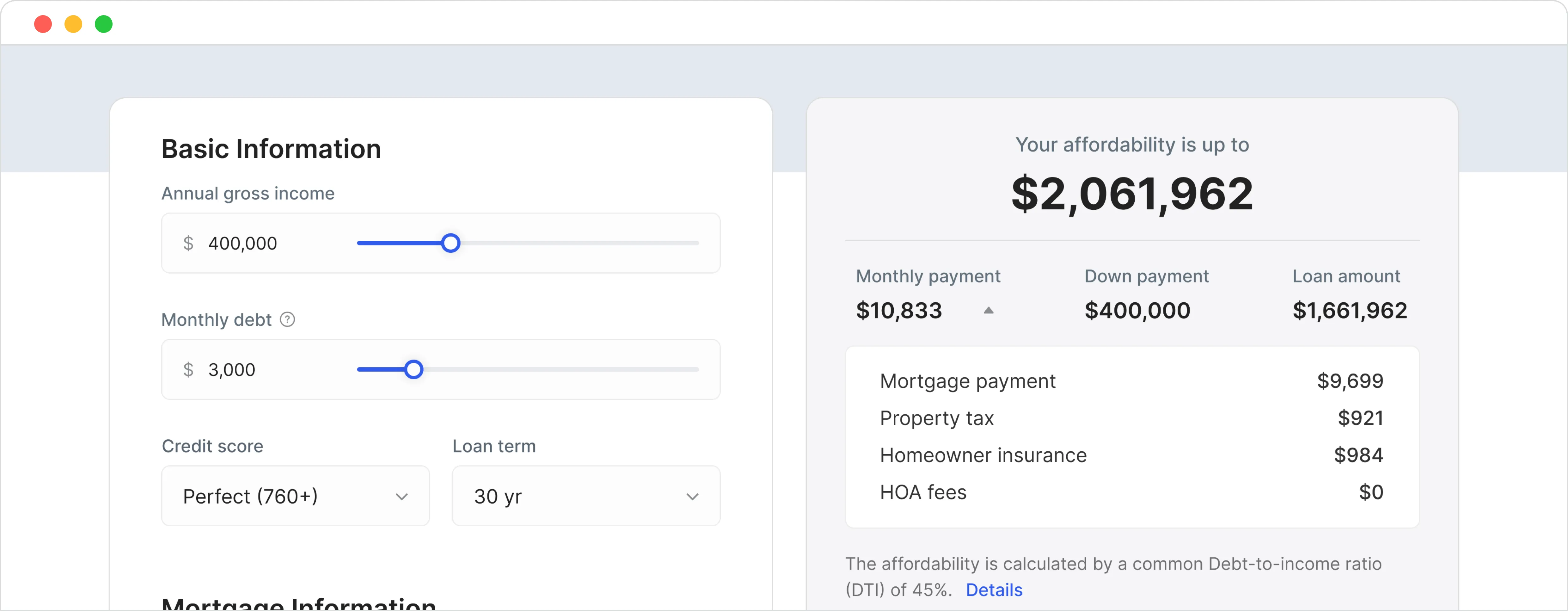 Loan estimate summary interface showing fees and loan details