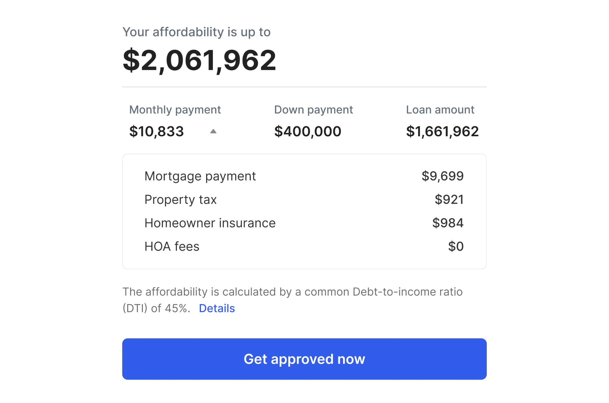 Mortgage summary interface showing loan amount and repayment estimate.