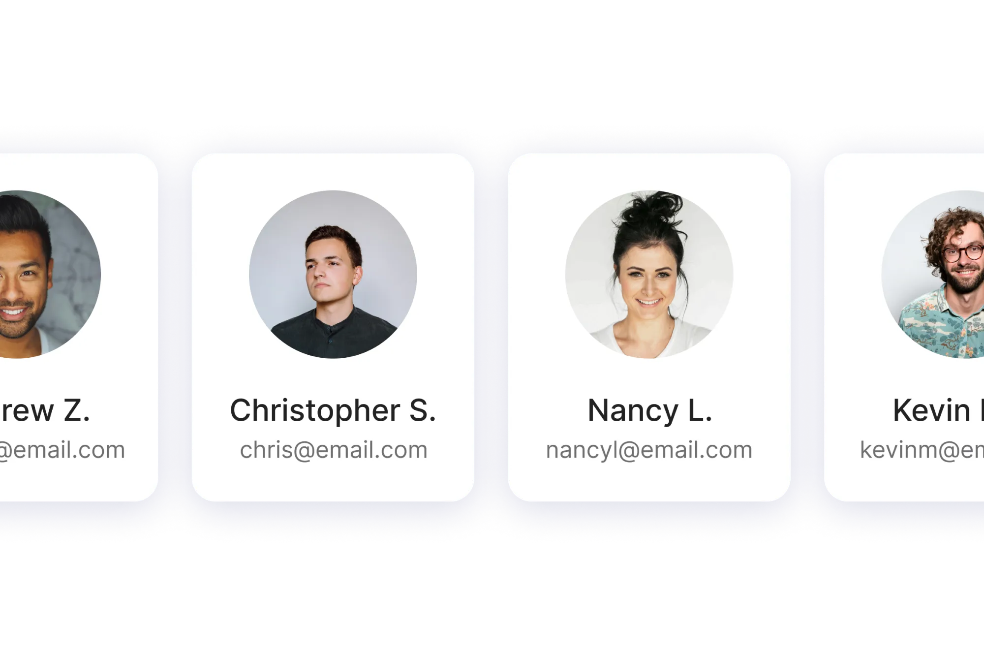 Profile cards displaying loan officers with headshots and emails.