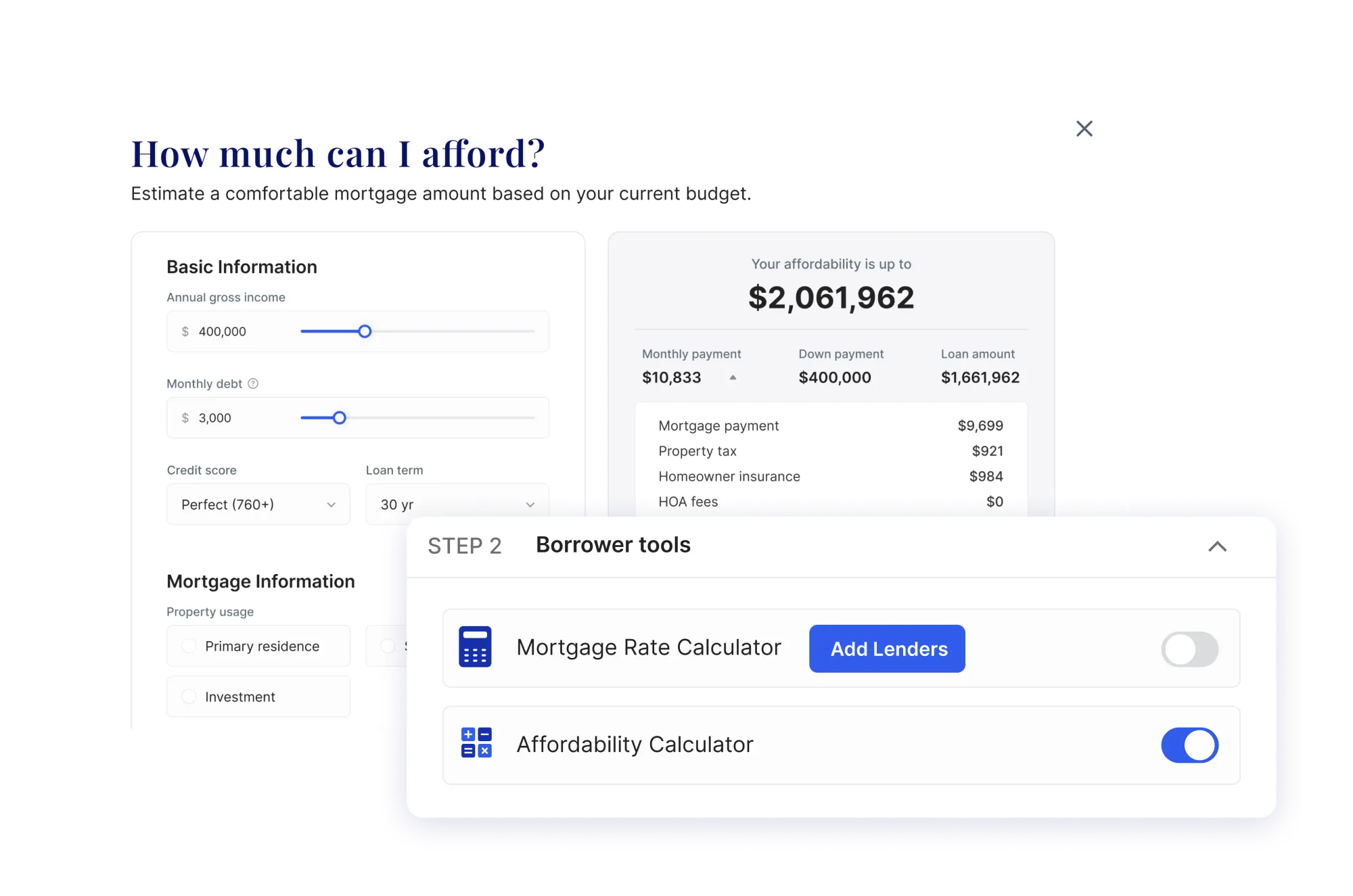 Loan eligibility results showing loan amount, price, and rate breakdown.
