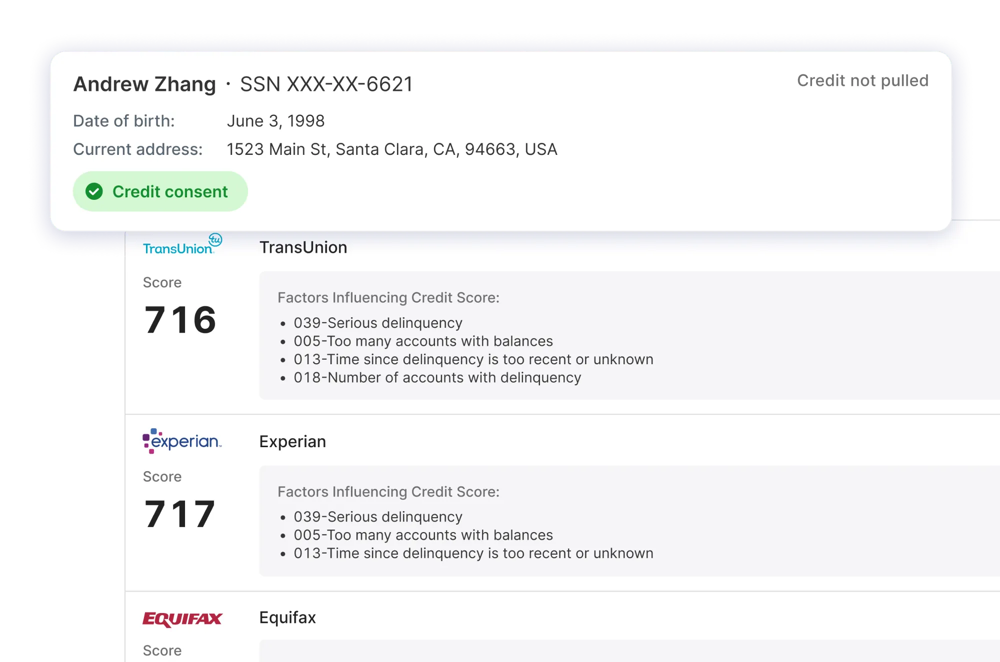 Credit report summary showing Andrew Zhang’s personal details and credit scores from TransUnion, Experian, and Equifax
