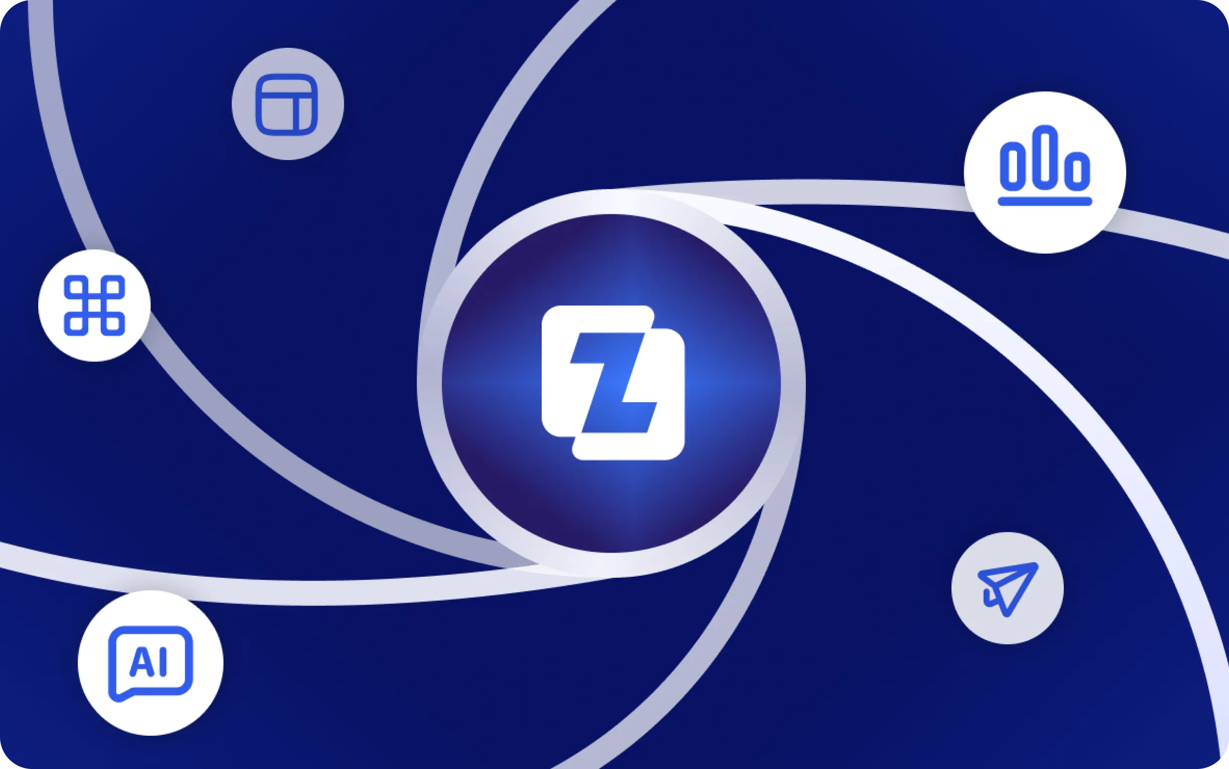 Blue abstract graphic with the Zeitro logo in the center surrounded by icons for tools, analytics, and AI.