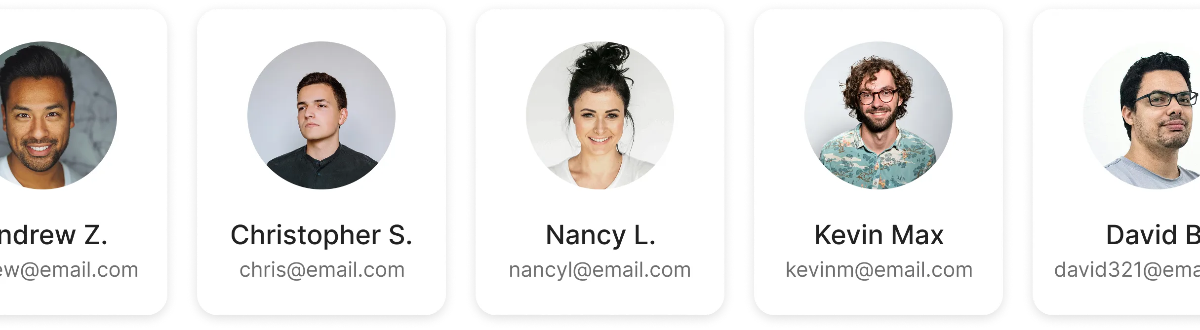 Profile cards showing photos, names, and emails of loan officers