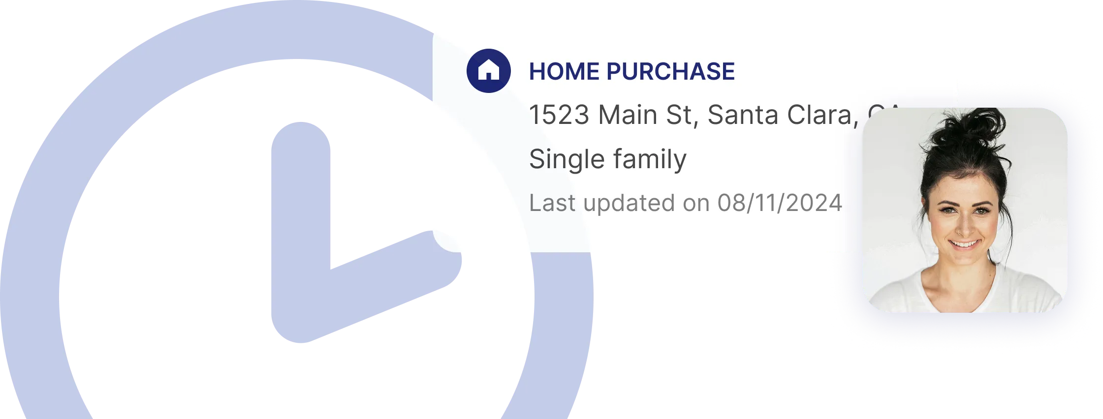 Photo of a smiling woman beside home details for 1523 Main St, Santa Clara, CA.