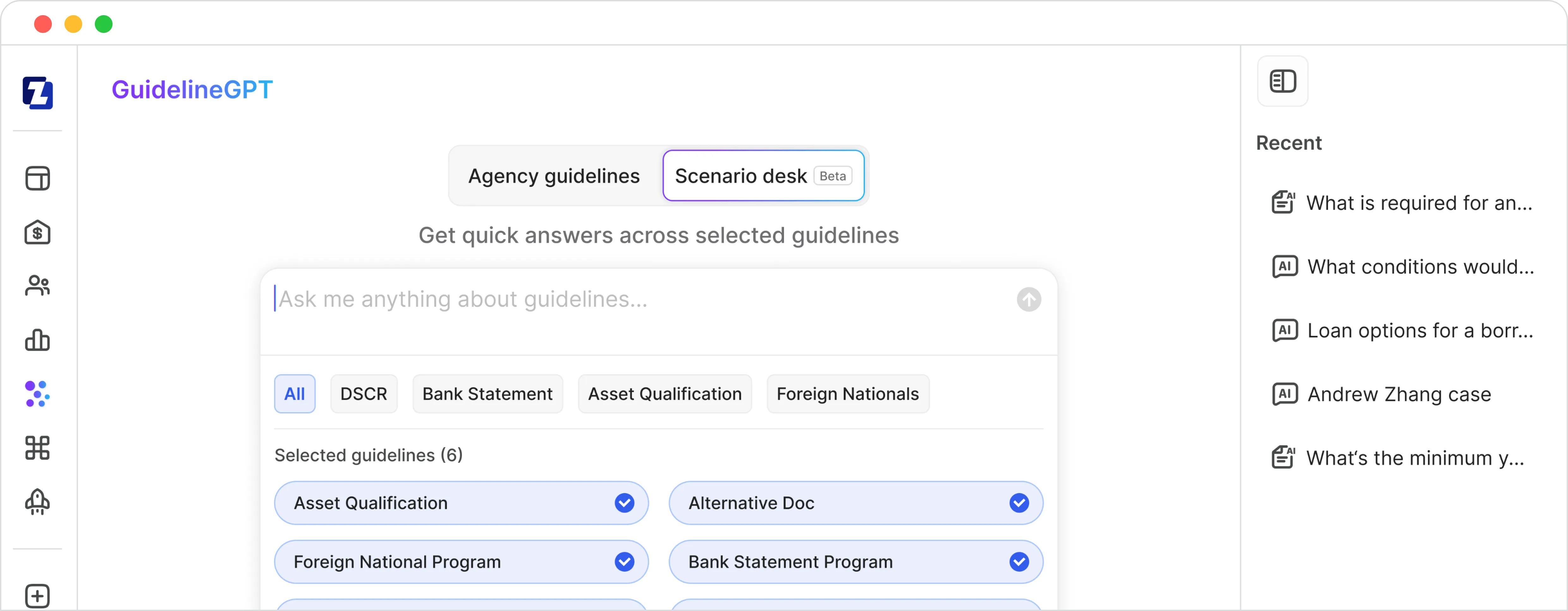 GuidelineGPT web interface showing a search bar for guideline questions with selected filters and recent queries list.