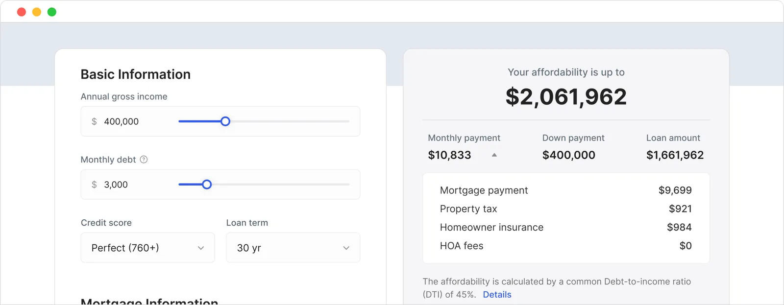 Mortgage affordability calculator showing income, debt, credit score, and estimated affordable loan amount.