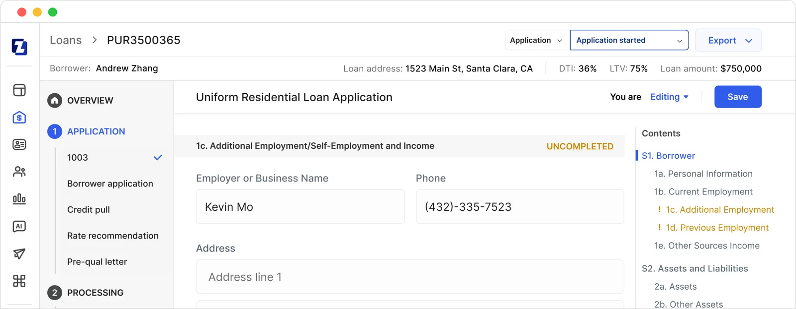 Loan application showing Andrew Zhang’s additional employment details and assets section.
