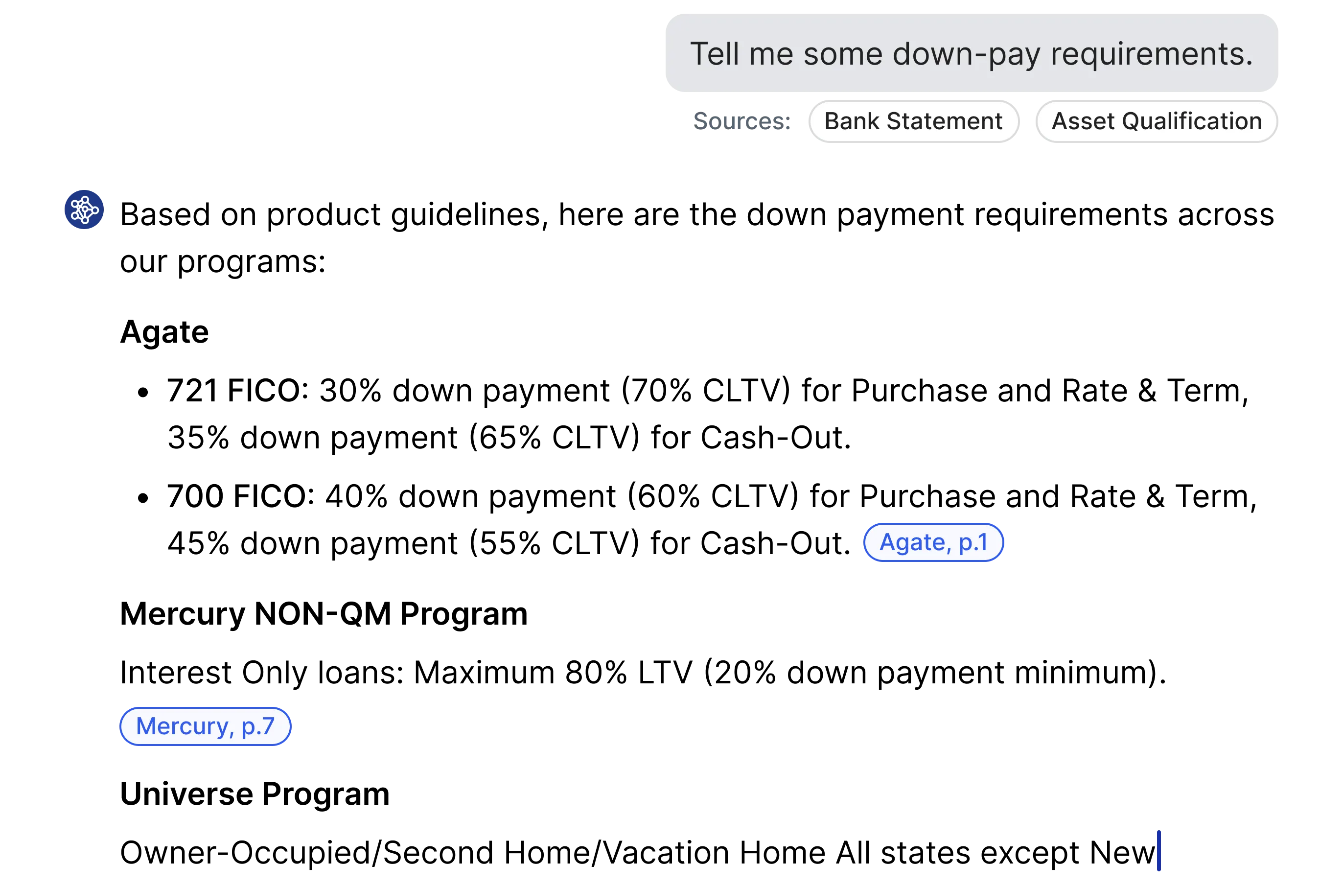 Diagram illustrating requirements for down payment including proof of income, bank statement, and asset qualification.
