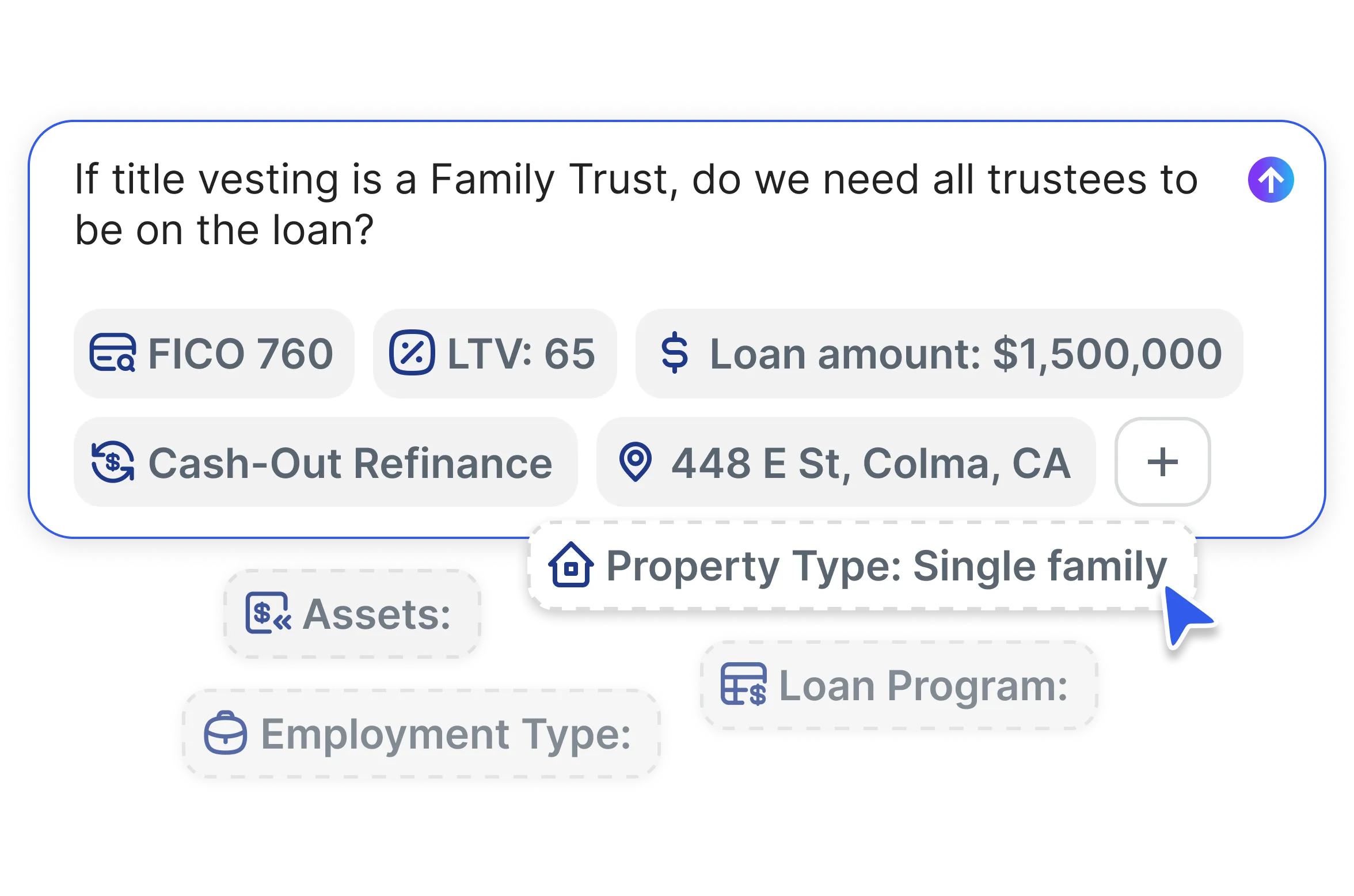 Mortgage inquiry showing Family Trust loan details with FICO 760, LTV 65, and $1.5M loan amount.

