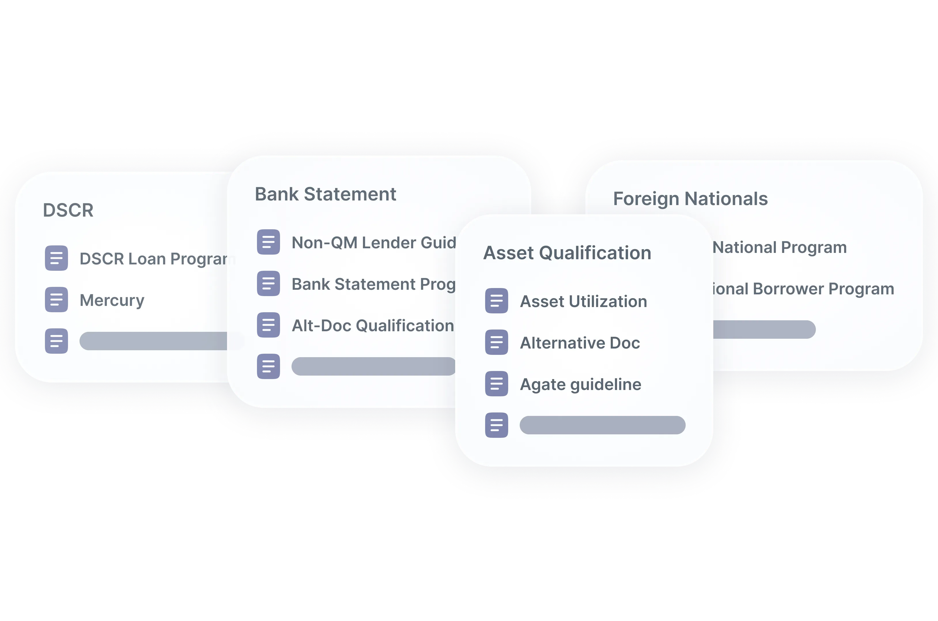 Four overlapping cards labeled DSCR, Bank Statement, Asset Qualification, and Foreign Nationals.