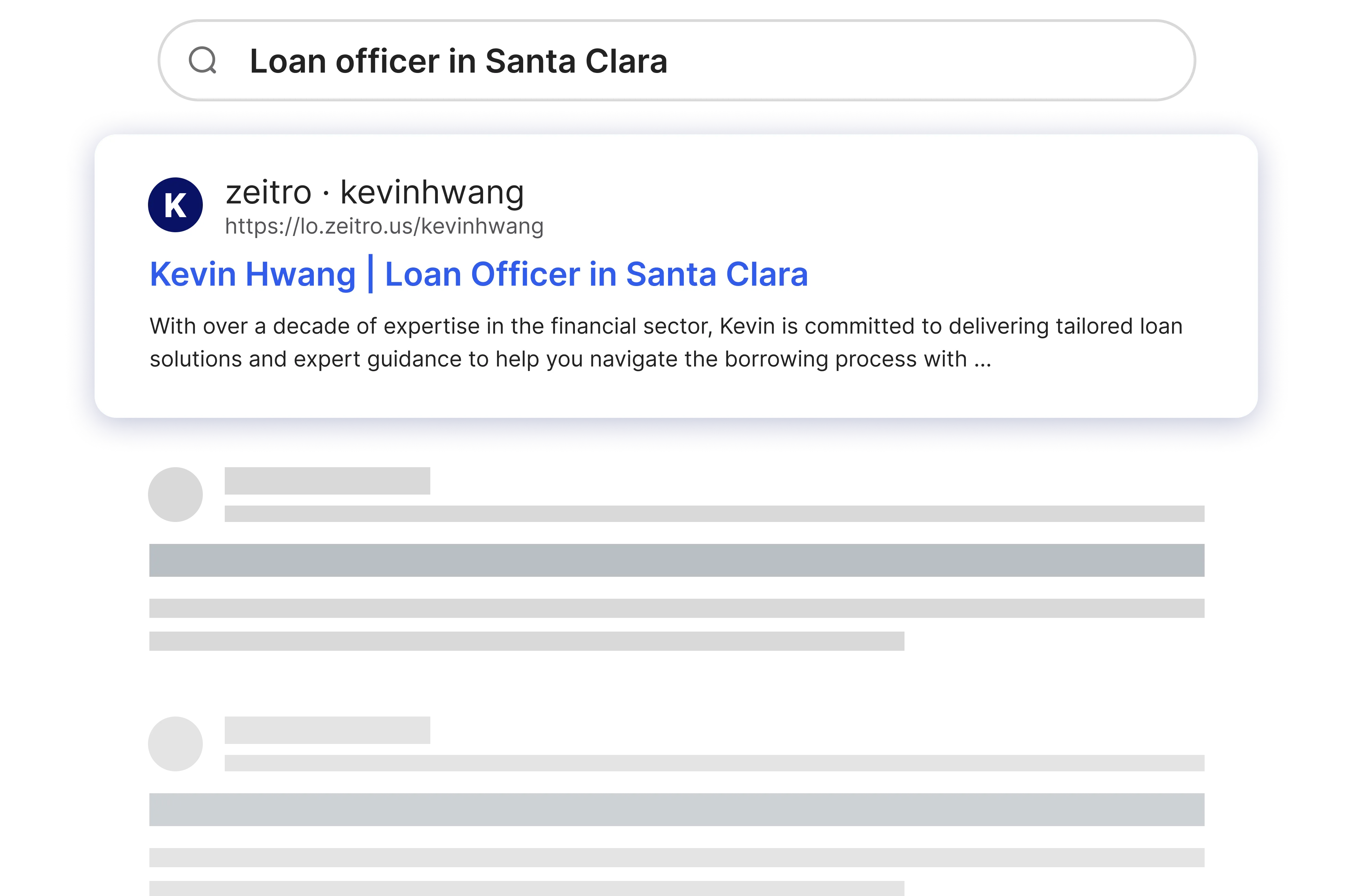 Search result showing Kevin Hwang’s loan officer profile in Santa Clara.