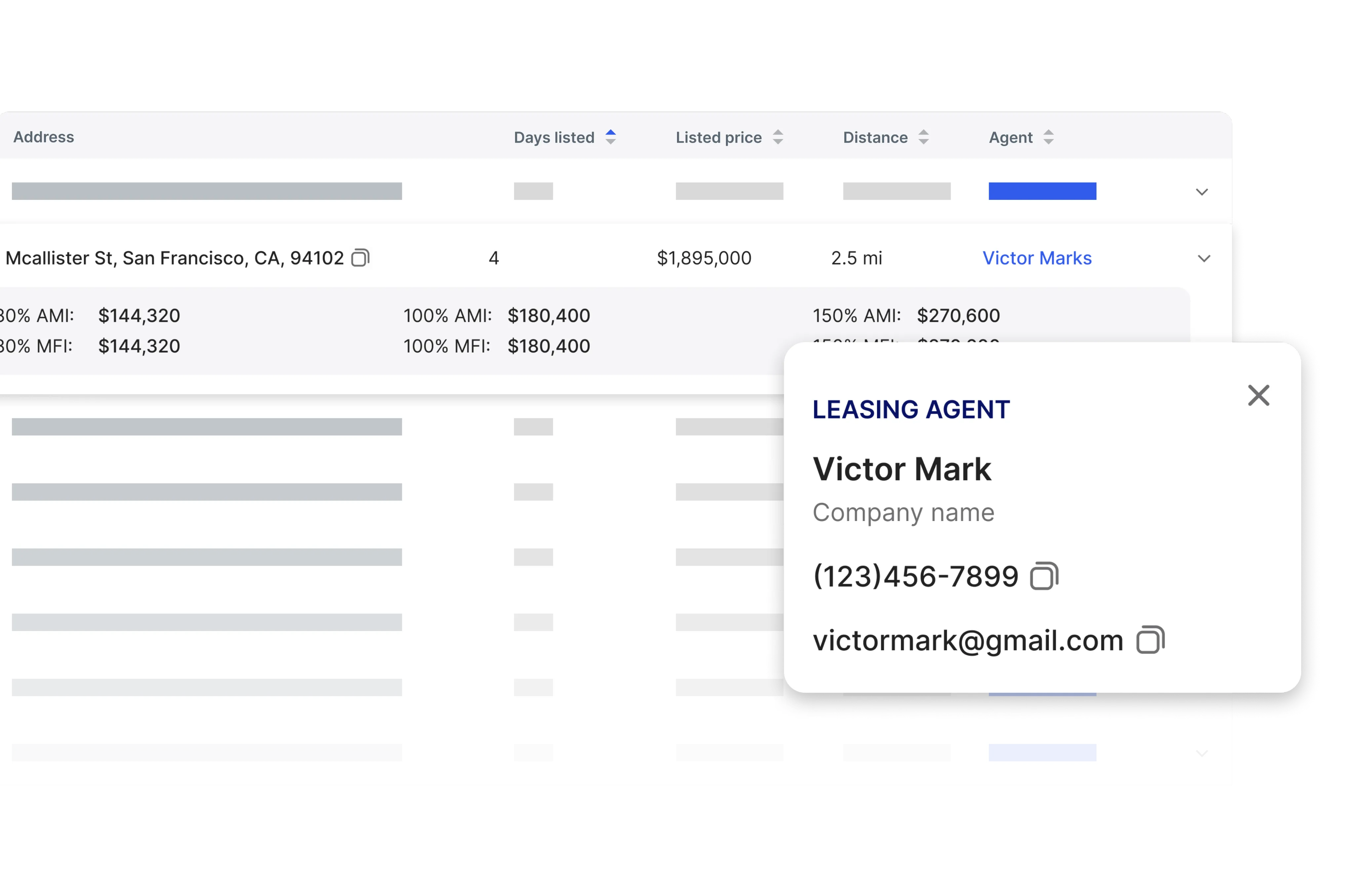 Real estate listing for McAllister St, San Francisco — $1,895,000 with agent contact popup