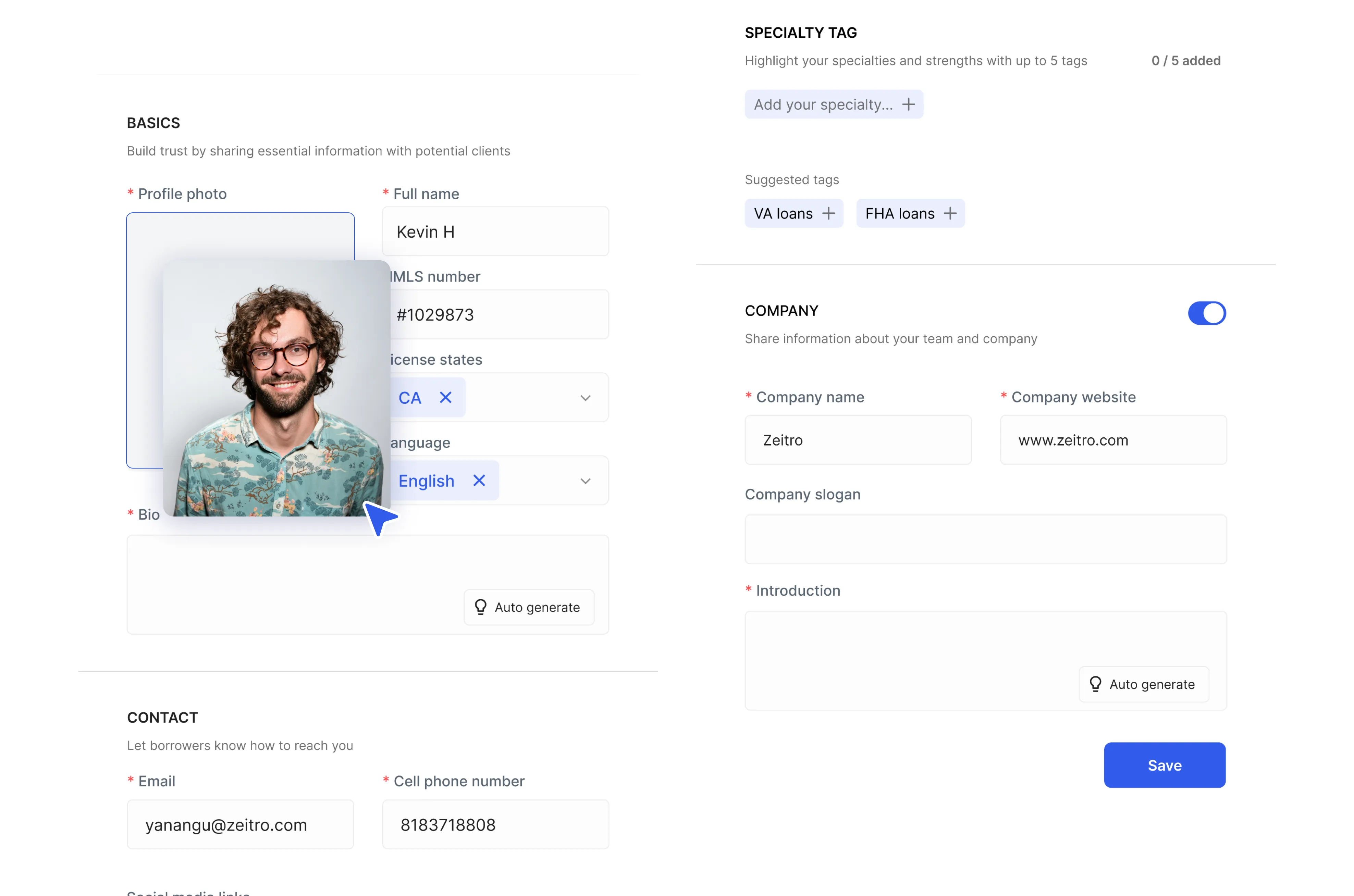 User profile form showing Kevin H’s details, contact info, company, and loan specialties.