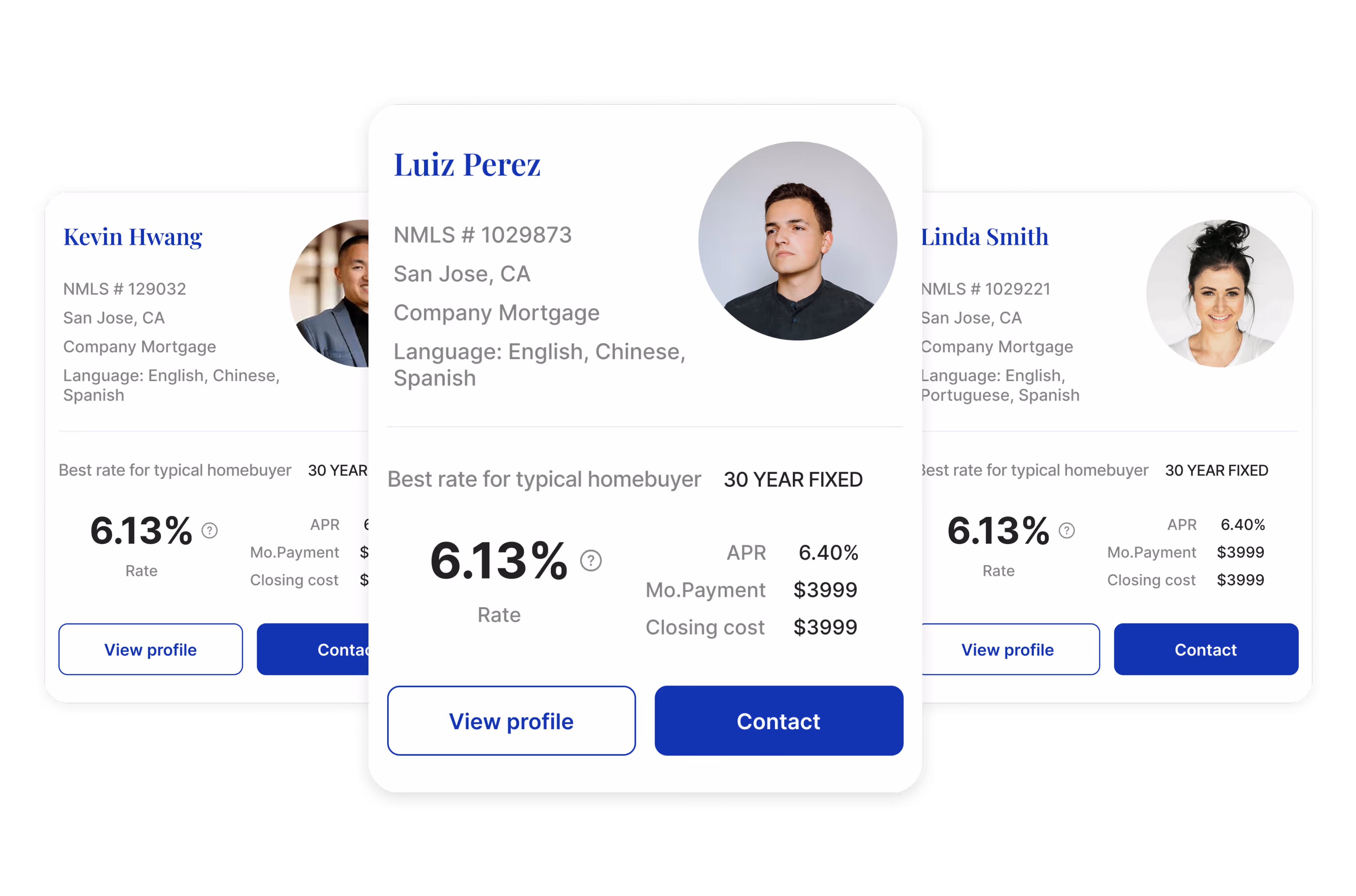 Mortgage advisor cards with 30-year fixed rates, payments, closing costs, and contact options.