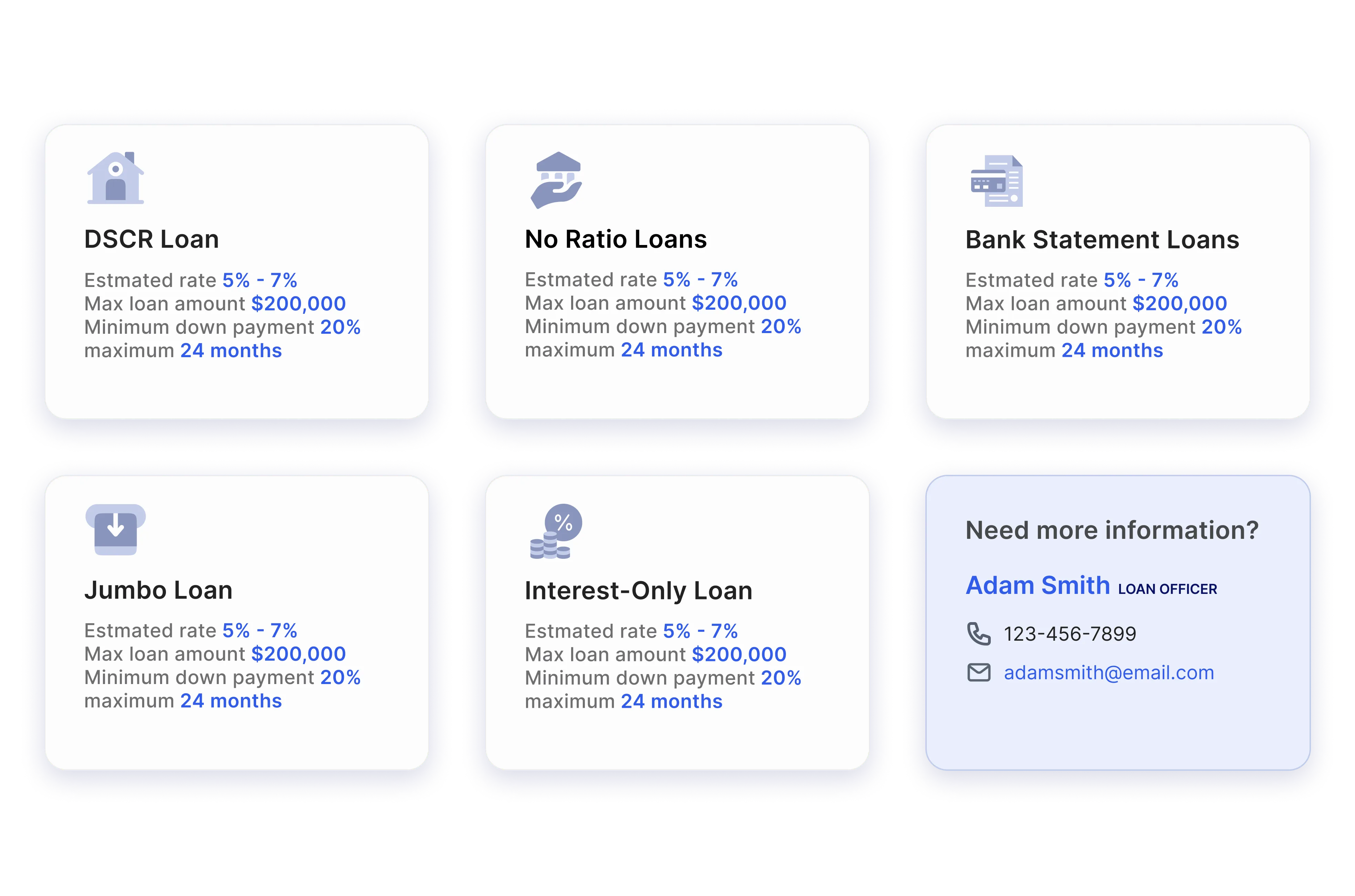 Loan program cards: DSCR, No Ratio, Bank Statement, Jumbo, Interest-Only, plus loan officer contact.