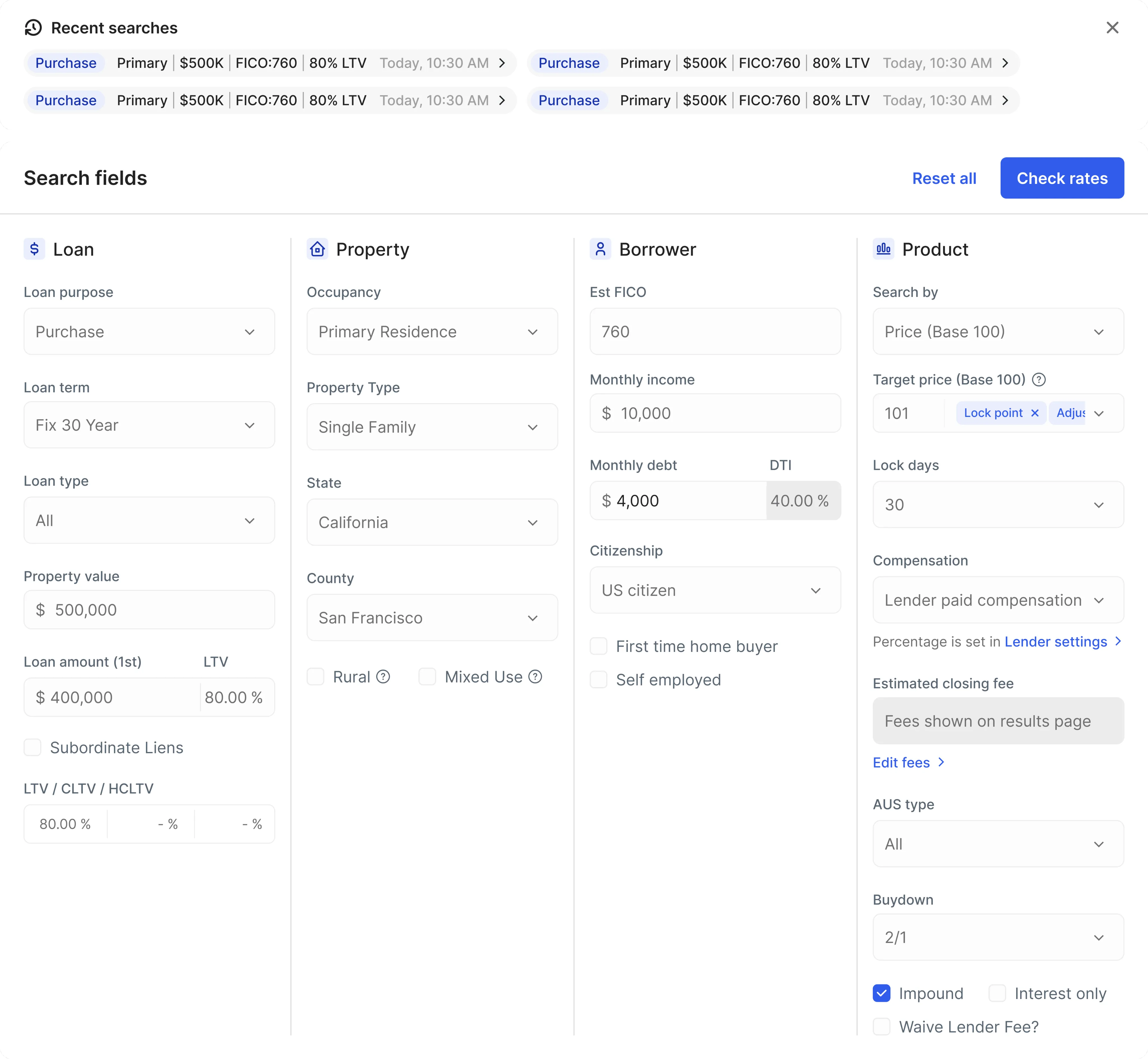 Loan search interface with fields for property, borrower, and product details.