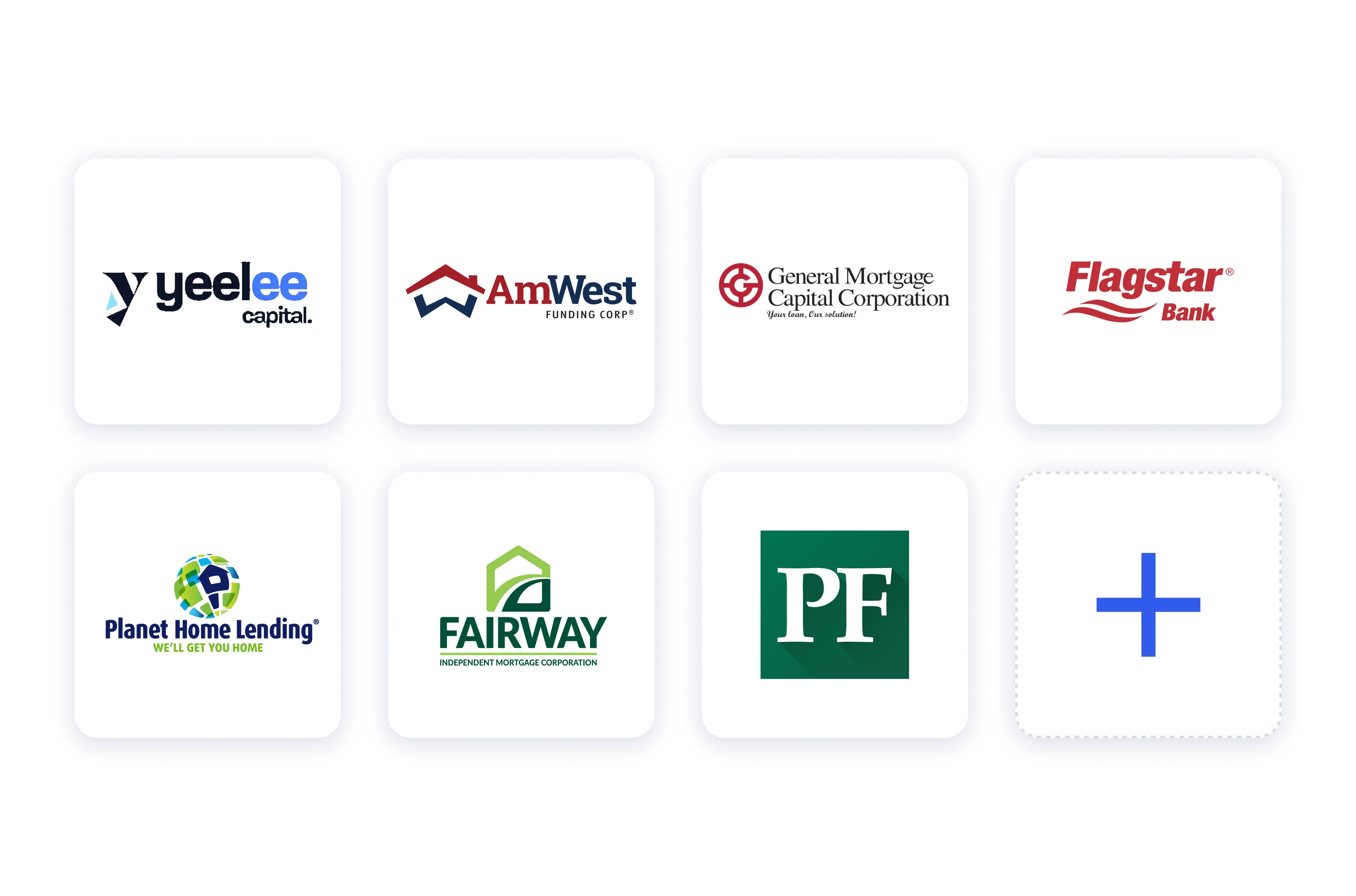 Grid showing mortgage lender logos including Yee Lee, AmWest, Flagstar, and Fairway.