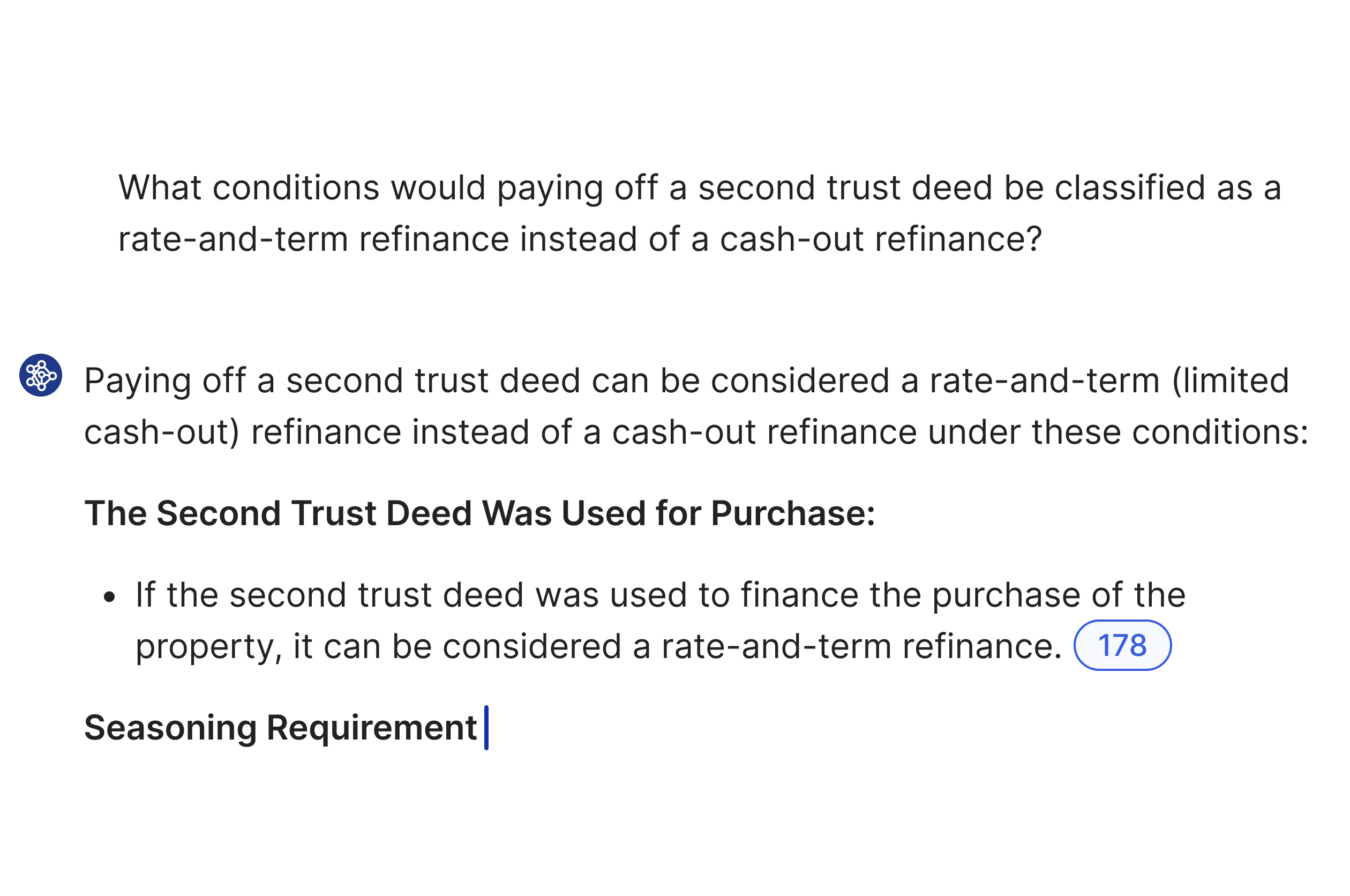 Text explaining when paying off a second trust deed qualifies as rate-and-term refinance.
