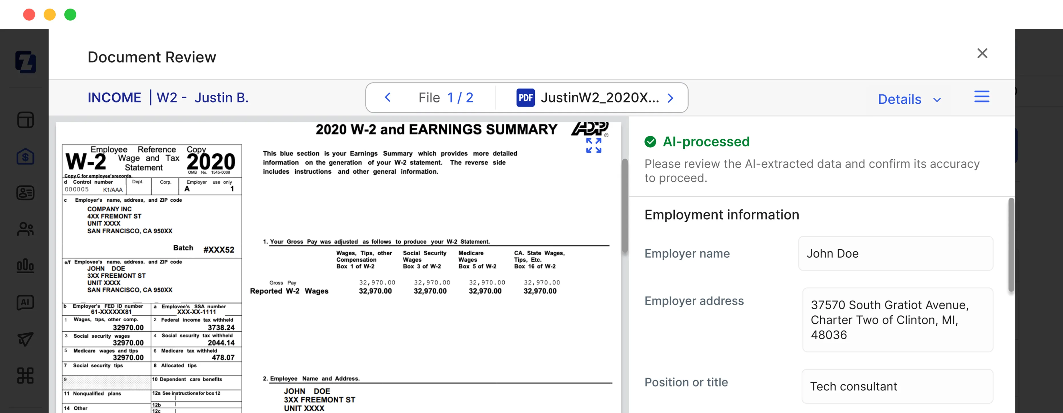 Document Review screen showing John Doe’s 2020 W-2 and AI-processed employment details