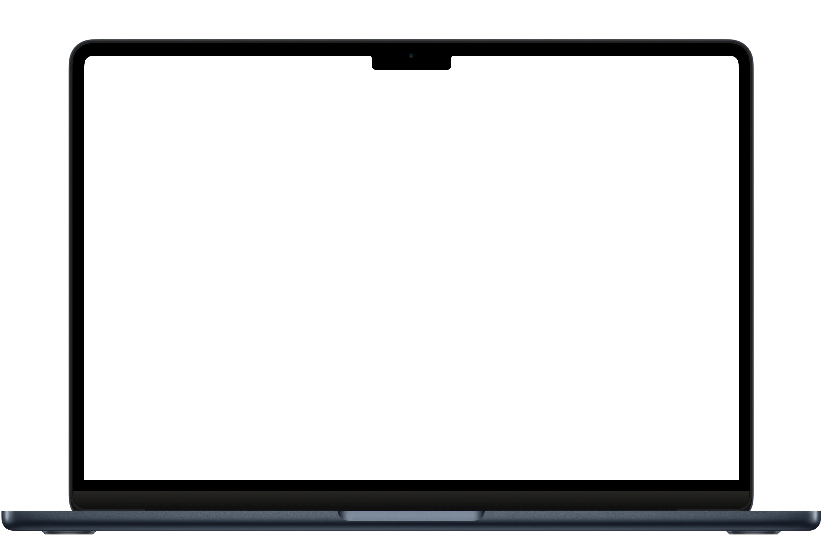 Front view of an open laptop with a black screen on a white background.