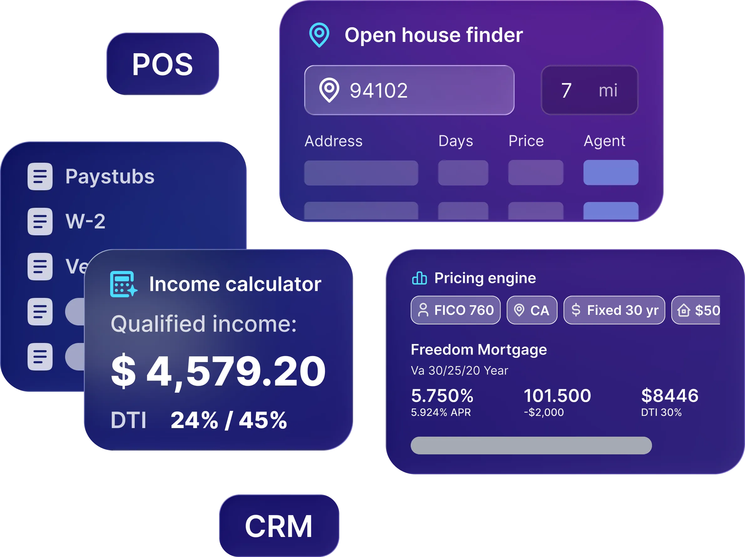 Mortgage tools dashboard showing POS, CRM, income calculator, and pricing engine modules