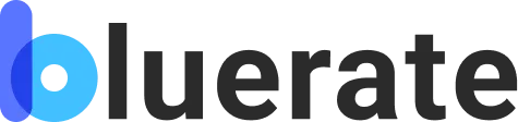 Bluerate company logo with stylized blue and light blue circle followed by the text 'bluerate'.