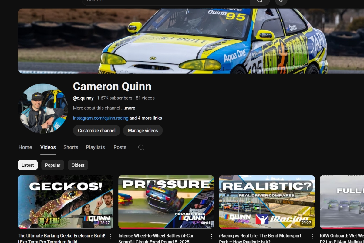 Screenshot of Quinn Racing Youtube Channel